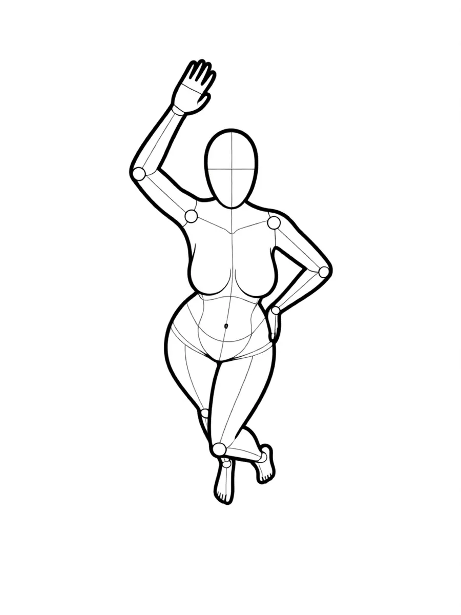 P026 Standing, one arm up, hip pushed out · Above