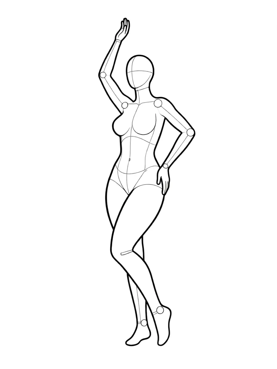 P026 Standing, one arm up, hip pushed out · Below
