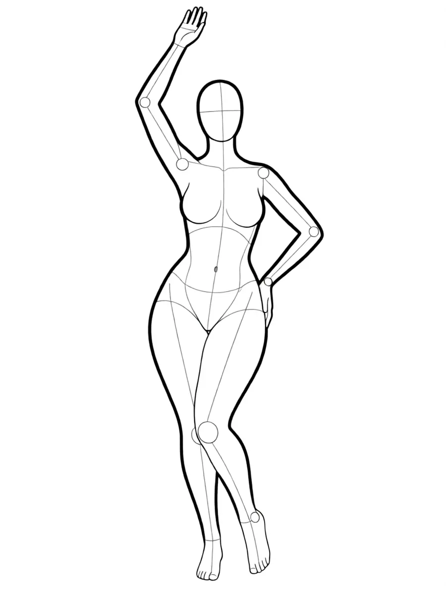 P026 Standing, one arm up, hip pushed out · Front