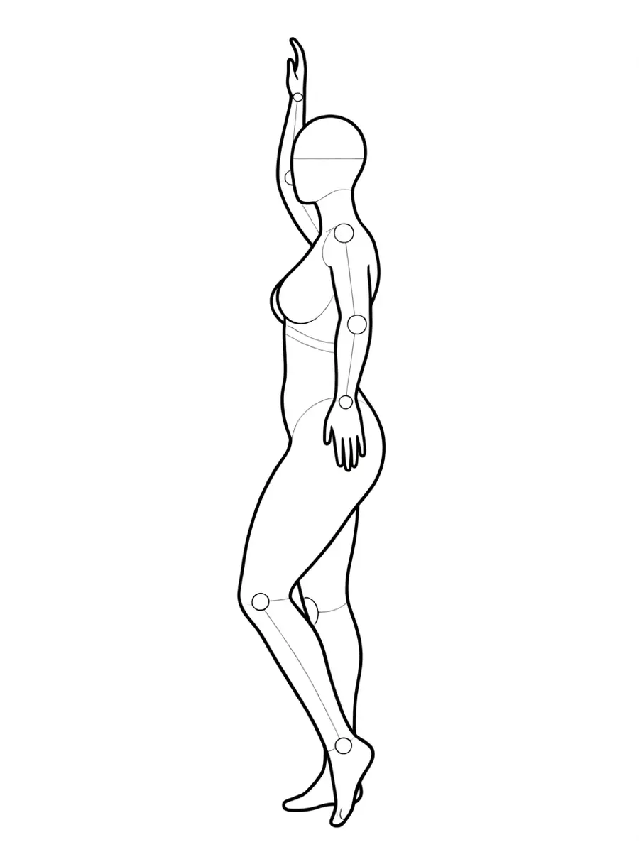P026 Standing, one arm up, hip pushed out · Side