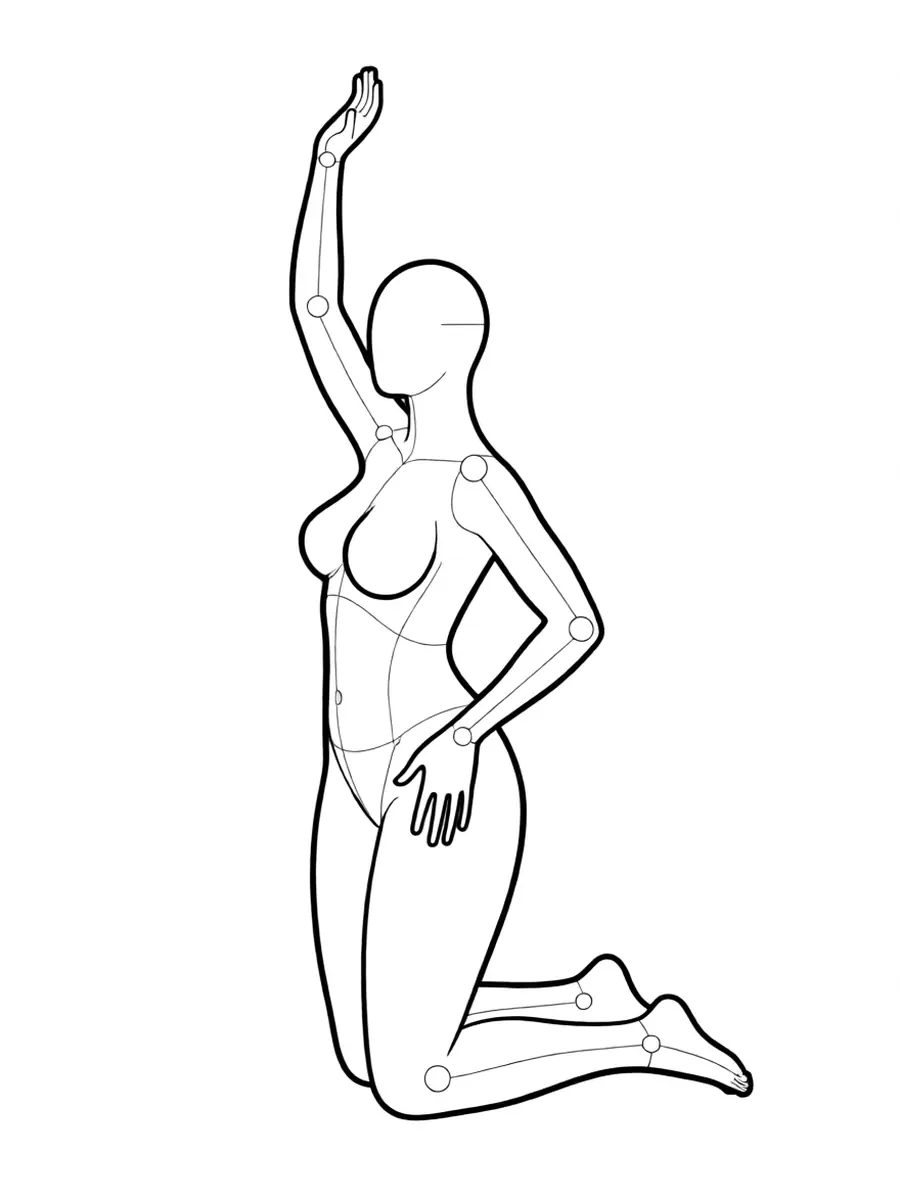 P040 Kneeling, hips swayed, one arm raised · 3/4