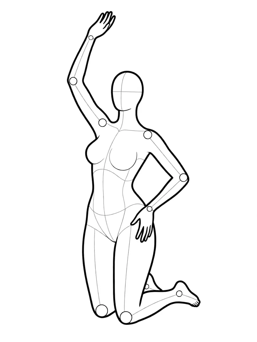 P040 Kneeling, hips swayed, one arm raised · Front