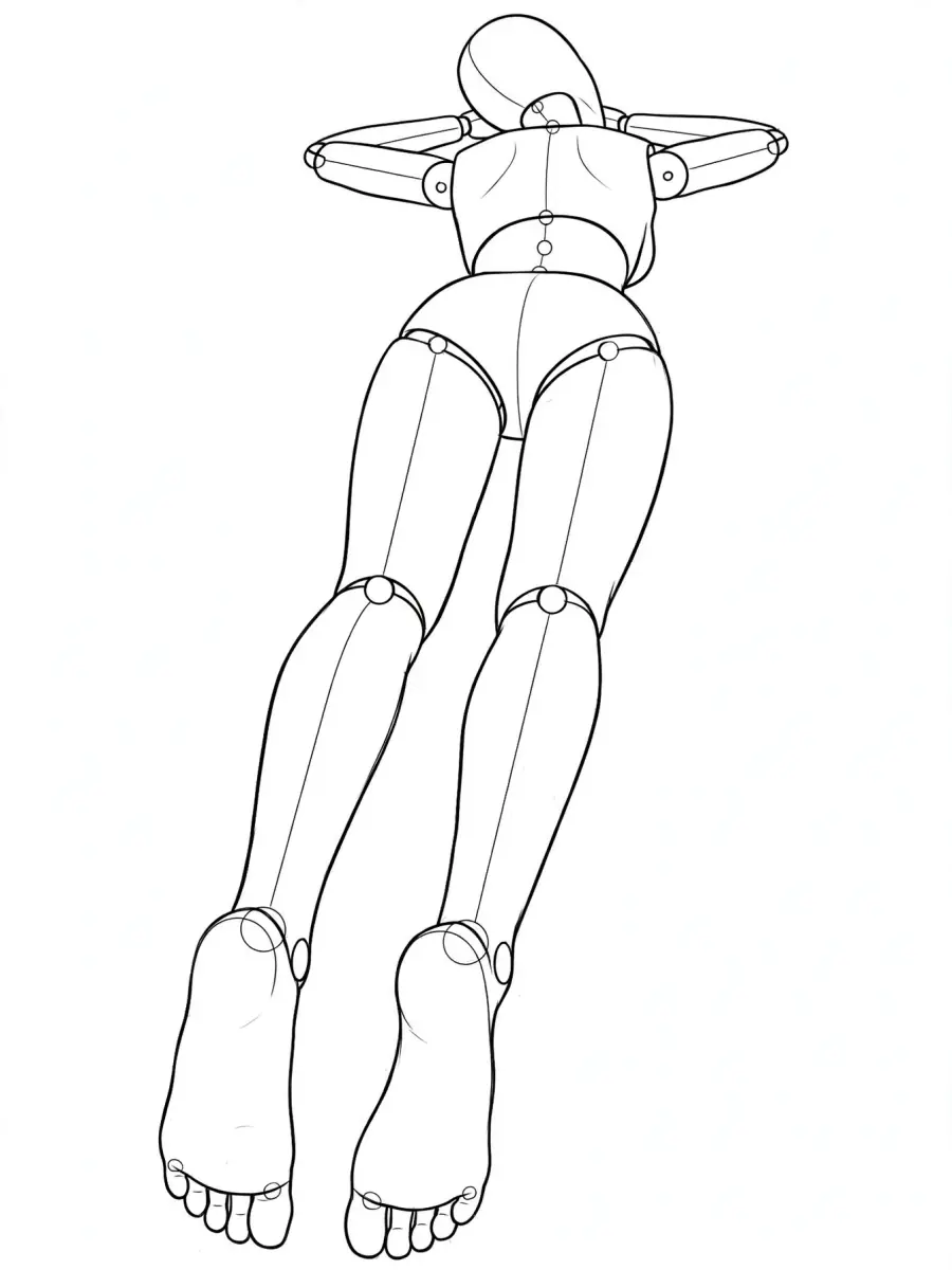 P056 Lying face down, head on folded arms · Below