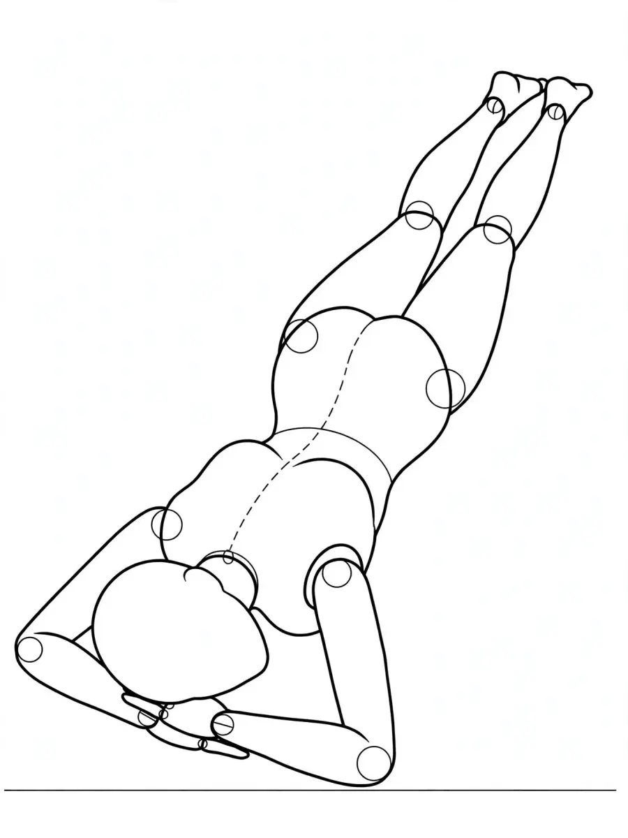 P056 Lying face down, head on folded arms · 3/4